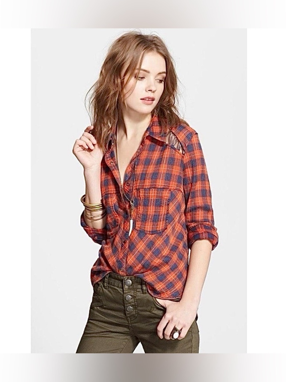 Free People Red Navy Plaid Button Down Shirt Boho Grunge Flannel Size Medium - Picture 3 of 11